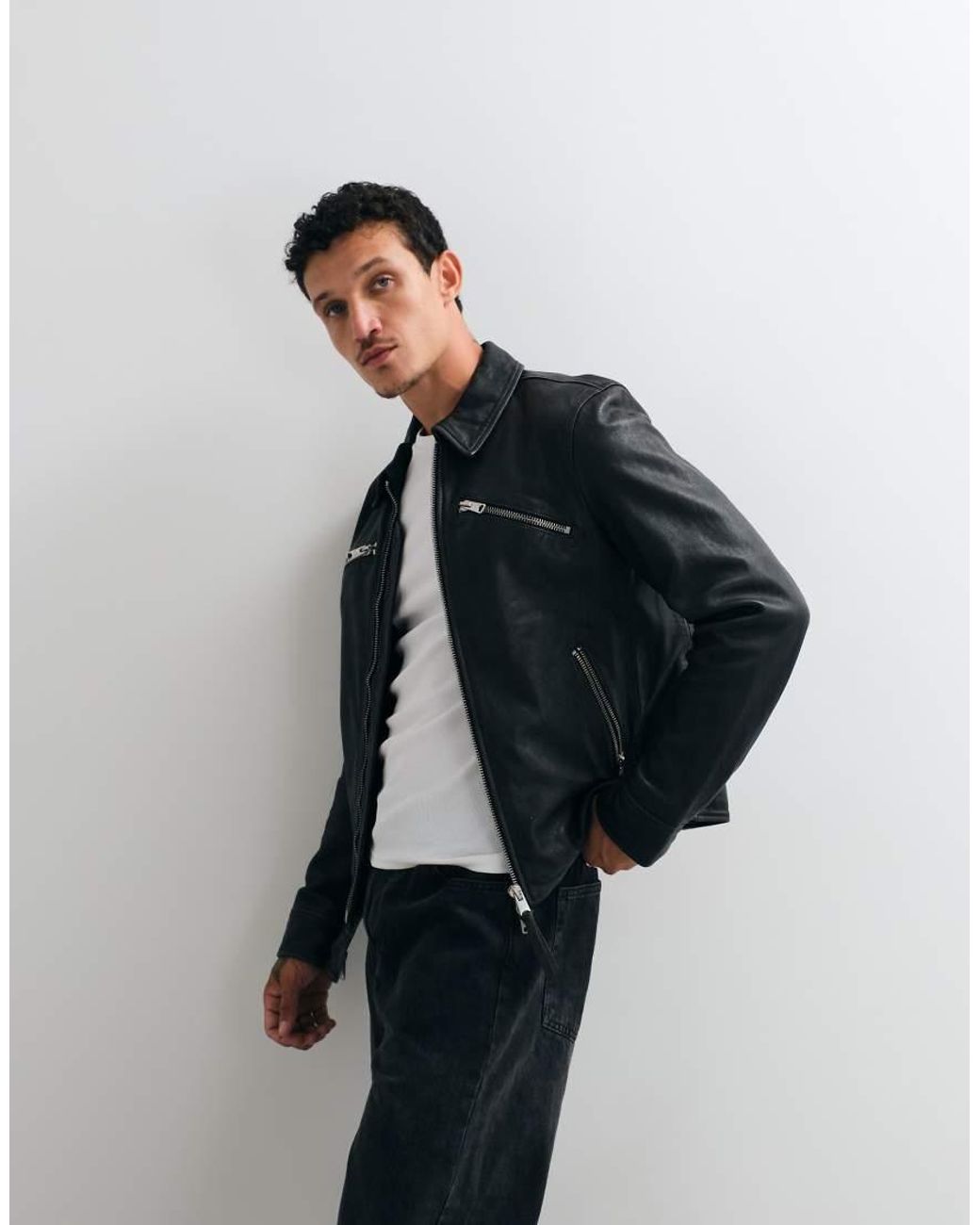 AllSaints Blue Verdi Zip Through Lambs Leather Jacket for men