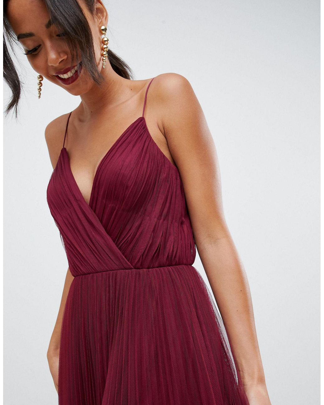 ASOS Asos Design Tall Cami Pleated Tulle Maxi Dress in Red Lyst