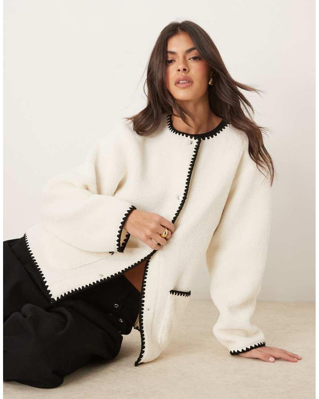 ASOS Collared Borg Jacket With Blanket Stitch Detail in Natural | Lyst UK