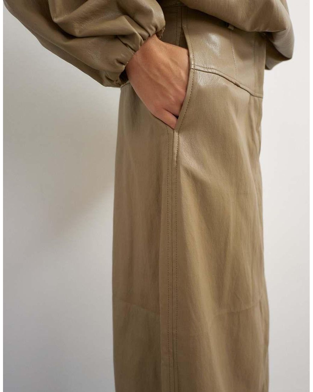 TOPSHOP Natural Faux Leather Barrel Midi Skirt