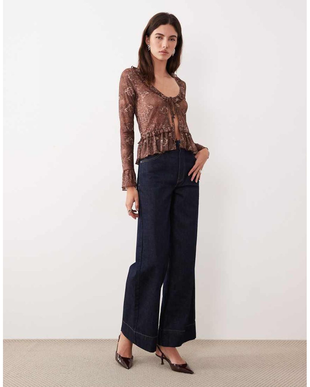 Motel Blue Long Sleeve Snake Skin Ruffle Edged Top