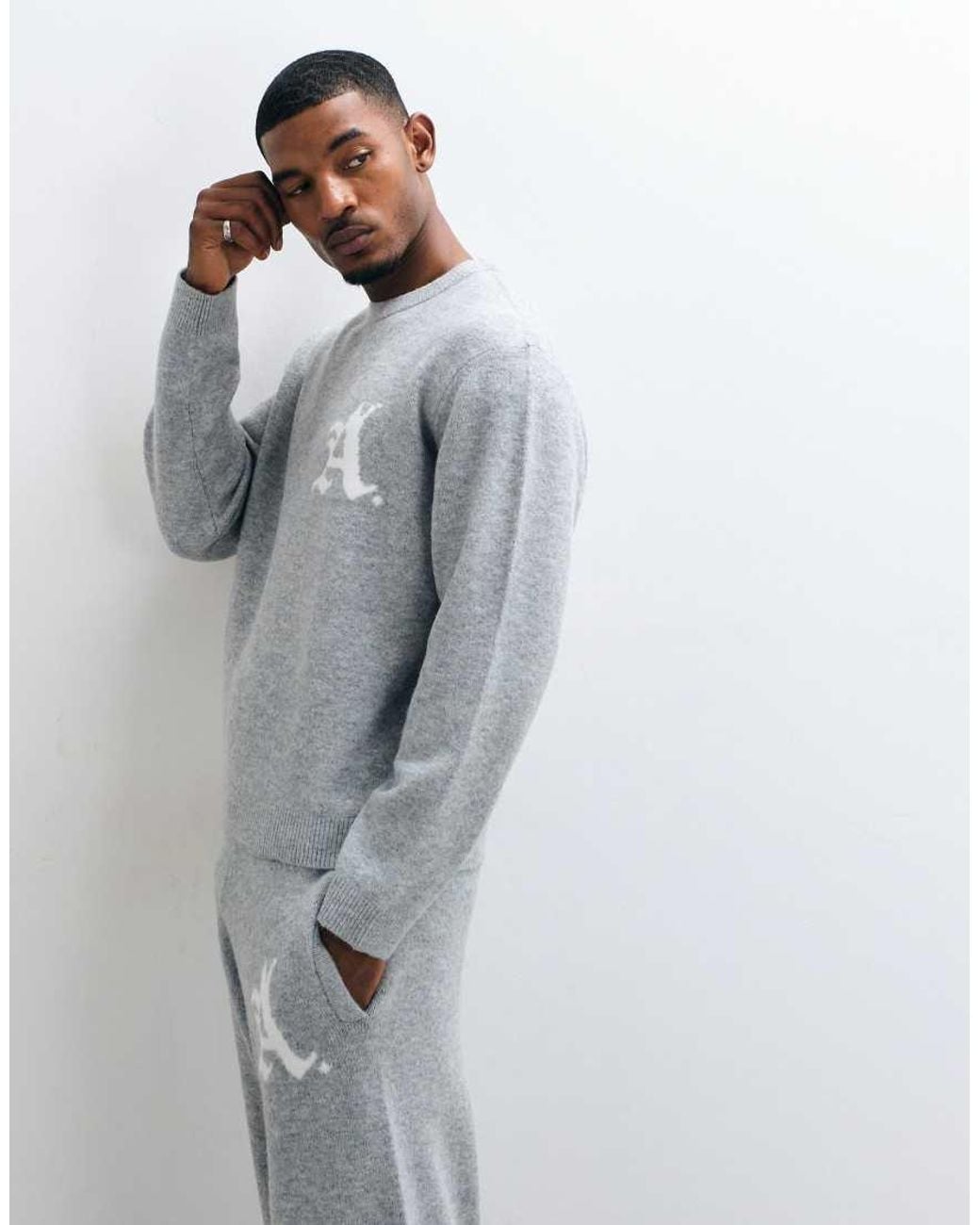Jack & Jones Gray Oversized Jacquard Logo Knit Jumper for men