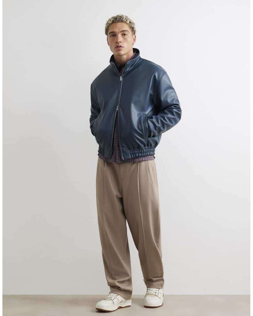 River Island Blue Faux Leather Embroidered Bomber Jacket for men