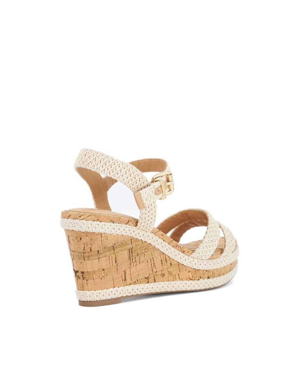Dune Metallic Kipling Cork Wedge Sandals