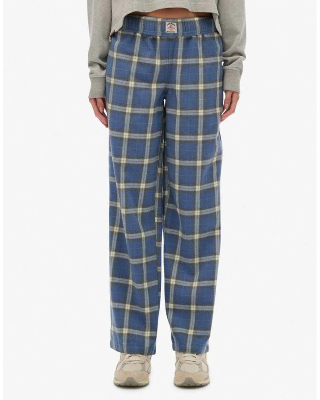 Superdry Blue Cotton Check Elastic Trousers
