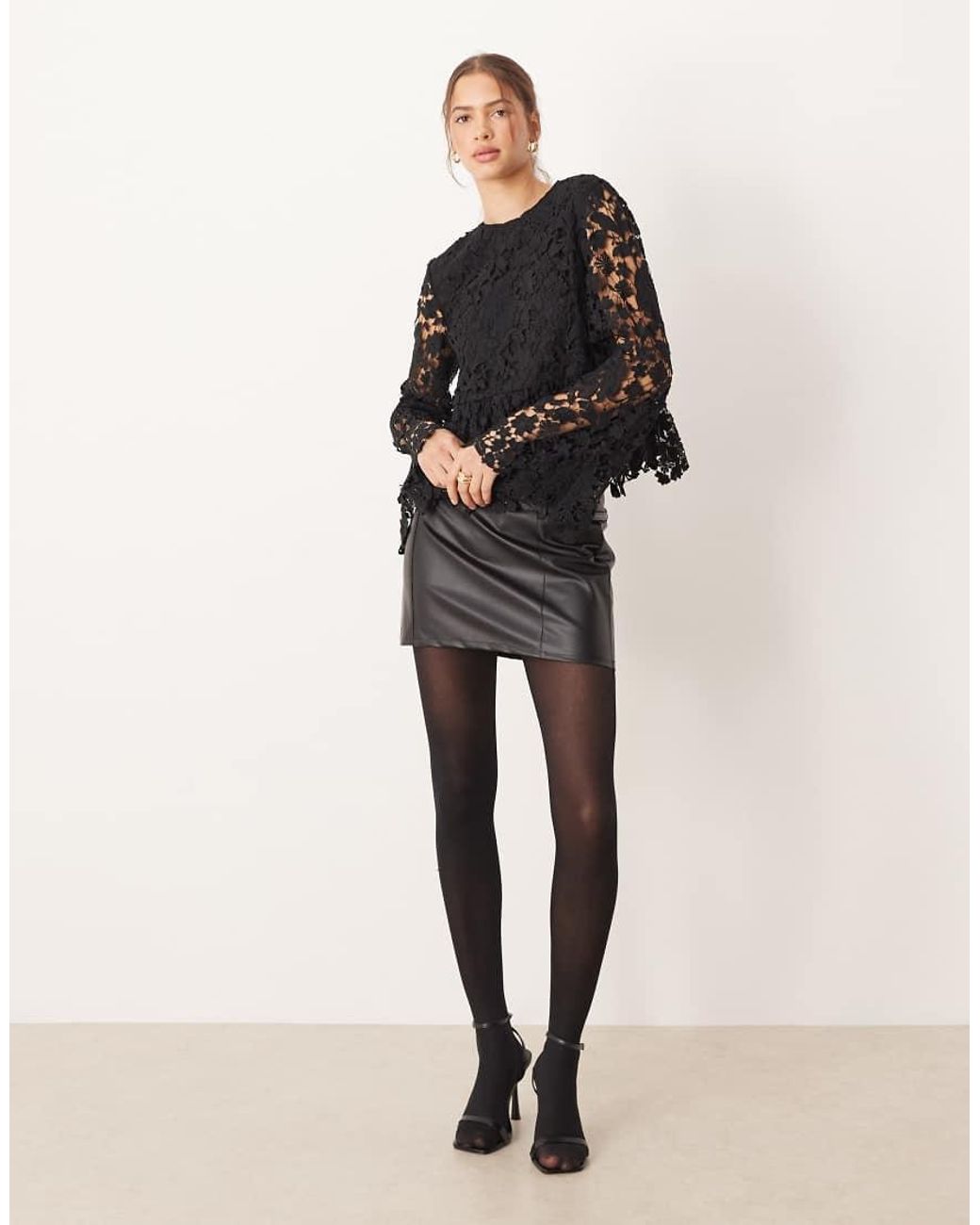 Lovedrobe Black Floral Lace Bell Sleeve Peplum Top