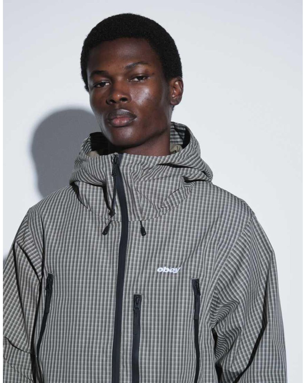 Obey Gray Checked Zip Through Hooded Jacket for men