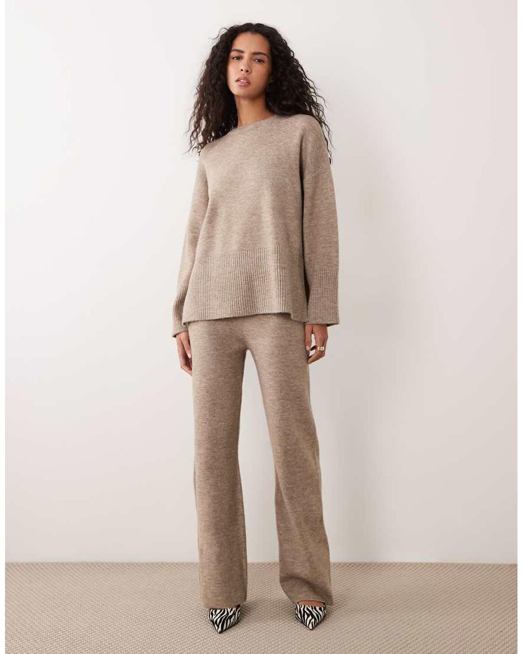 Pretty Lavish Brown Knitted Rib Detail Jumper Co-ord