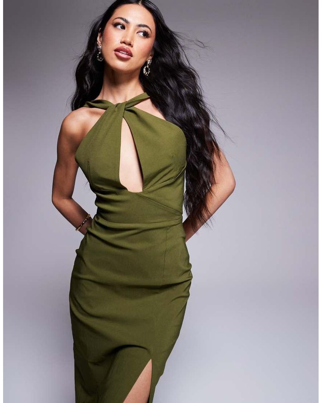 Vesper Green Halter Neck Midaxi Dress With Front Cut Out