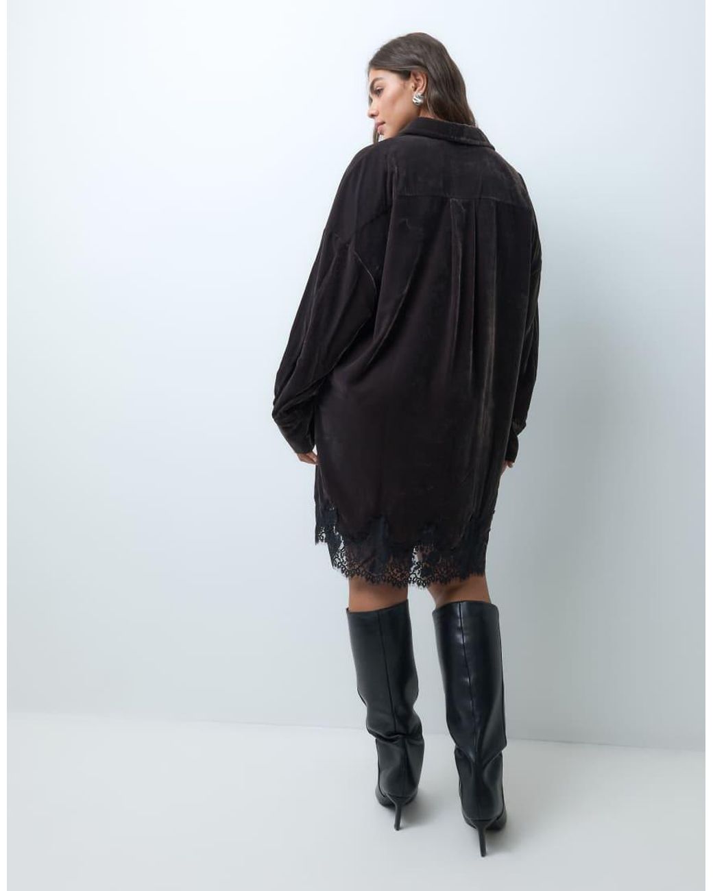 ASOS Black Asos Design Curve Velvet Oversized Shirt Mini Dress With Lace Hem