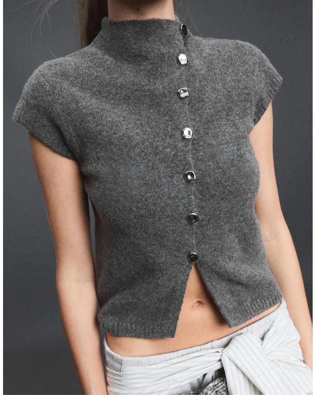 Stradivarius Blue Short-Sleeve Stand-Collar Knit Jumper