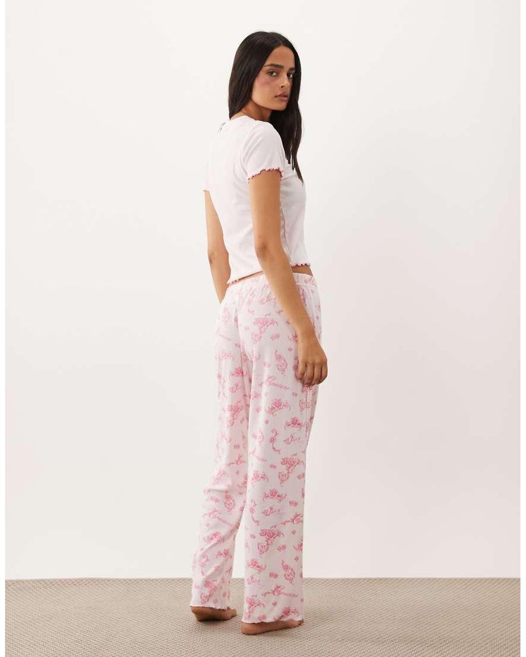 Juicy Couture Pink Rose Print Rib Short Sleeve Tee/trouser Pyjama Set