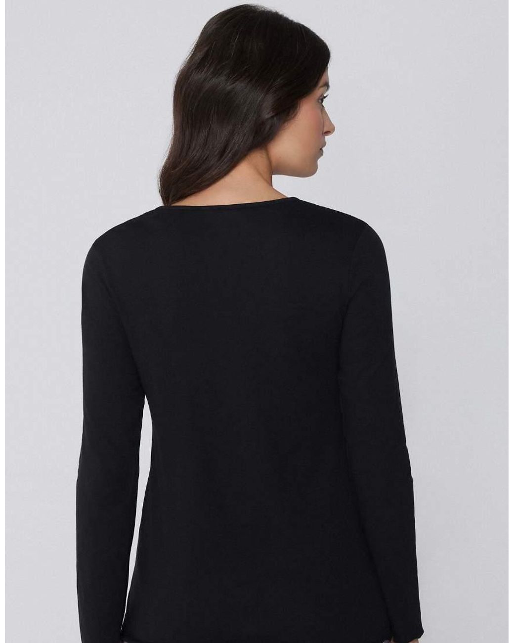 Tezenis Black Long Sleeve Cotton Top With Rolled Hem