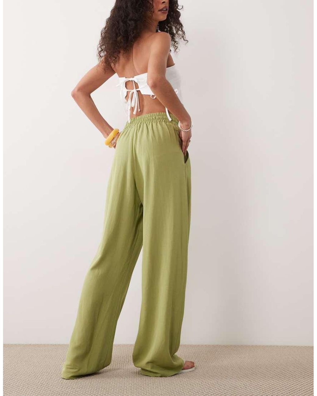 ASOS Green Linen Blend Wide Leg Pull On Trouser