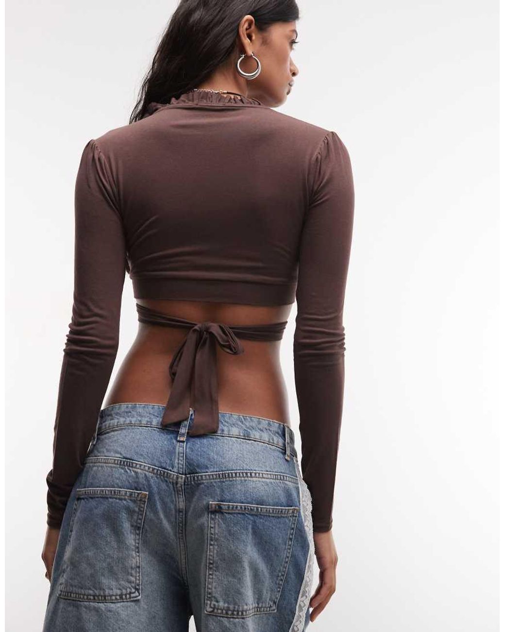 Reclaimed Vintage Brown Tie-front Long Sleeve Cropped Top