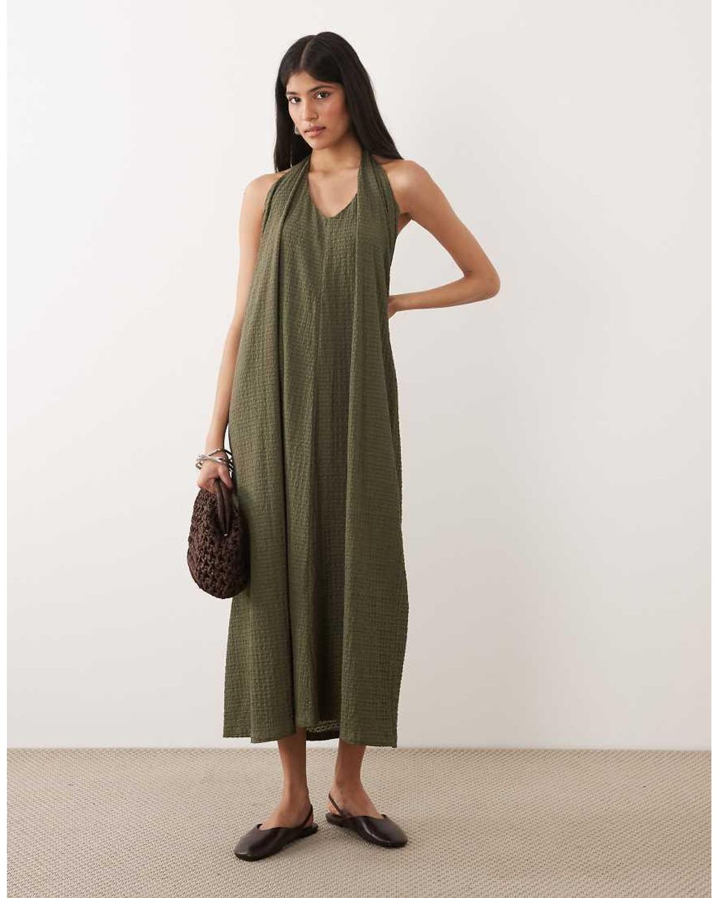 ASOS Green One Shoulder Textured Midi Sundress
