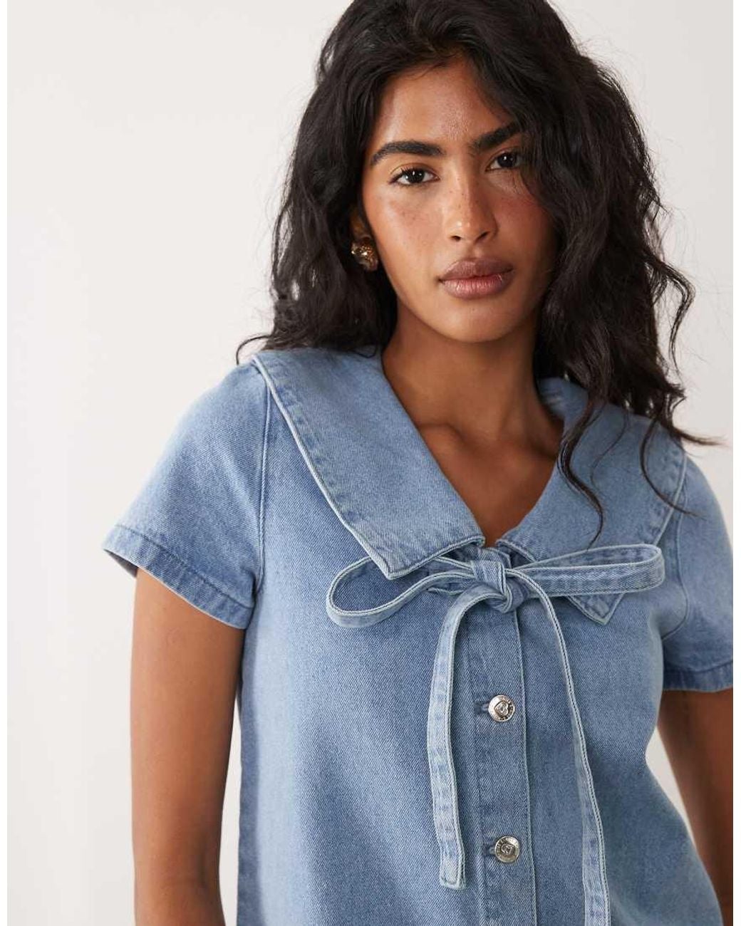 Miss Selfridge Blue Collared Denim Mini Dress With Tie Detail
