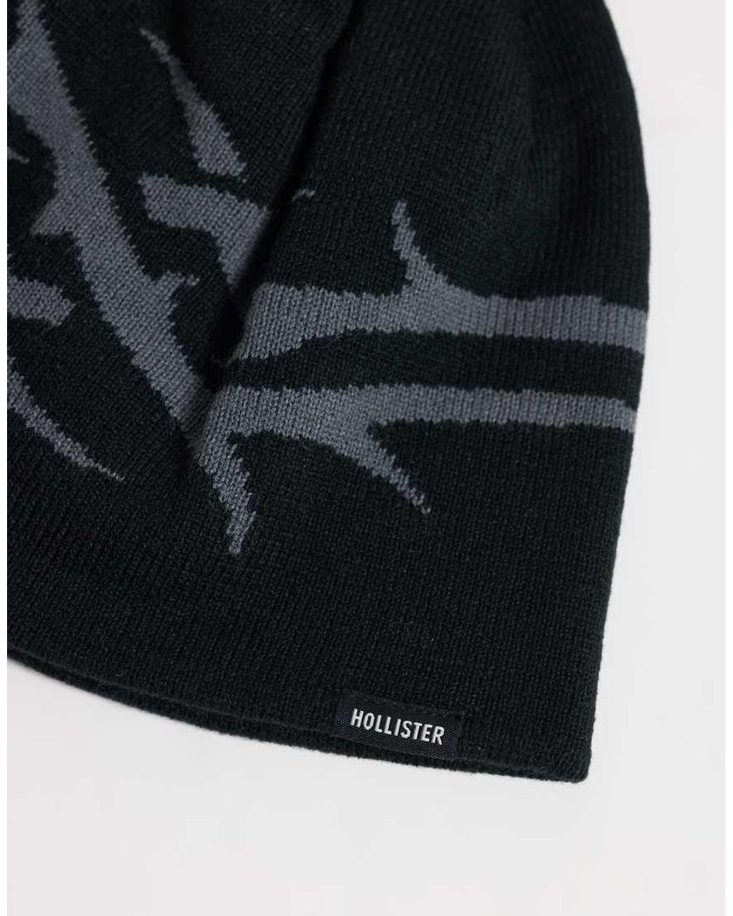 Hollister Black Knitted Graphic Beanie for men