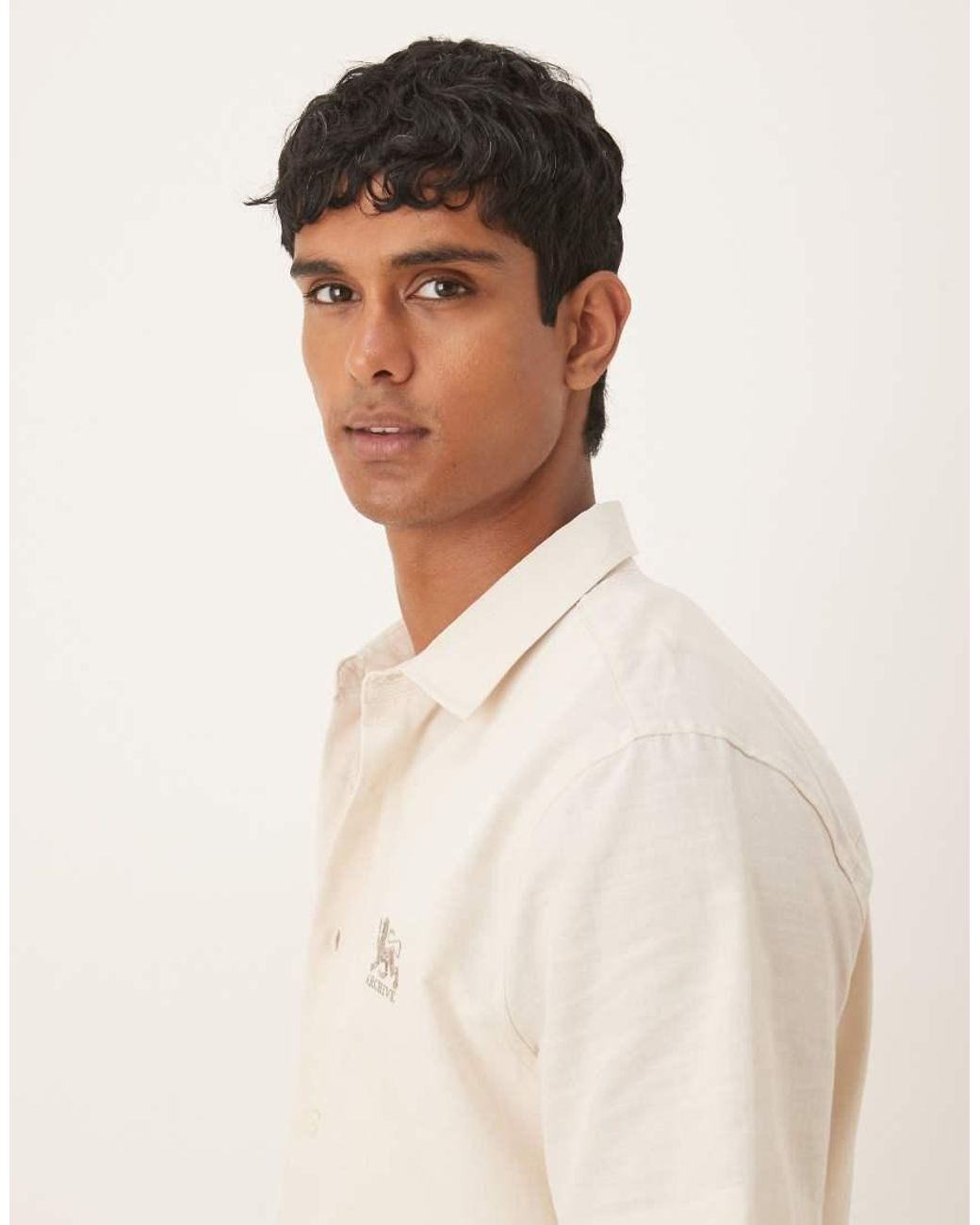 ASOS Natural Regular Shirt With Chest Embroidery for men