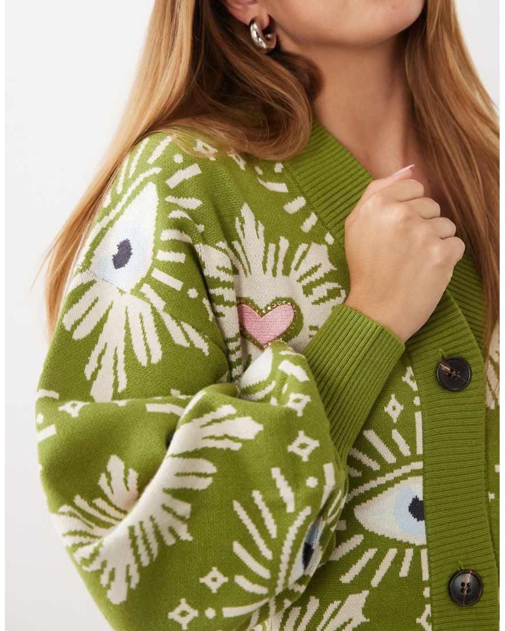 Never Fully Dressed Green Knit V-neck Diamante Heart Detail Cardigan