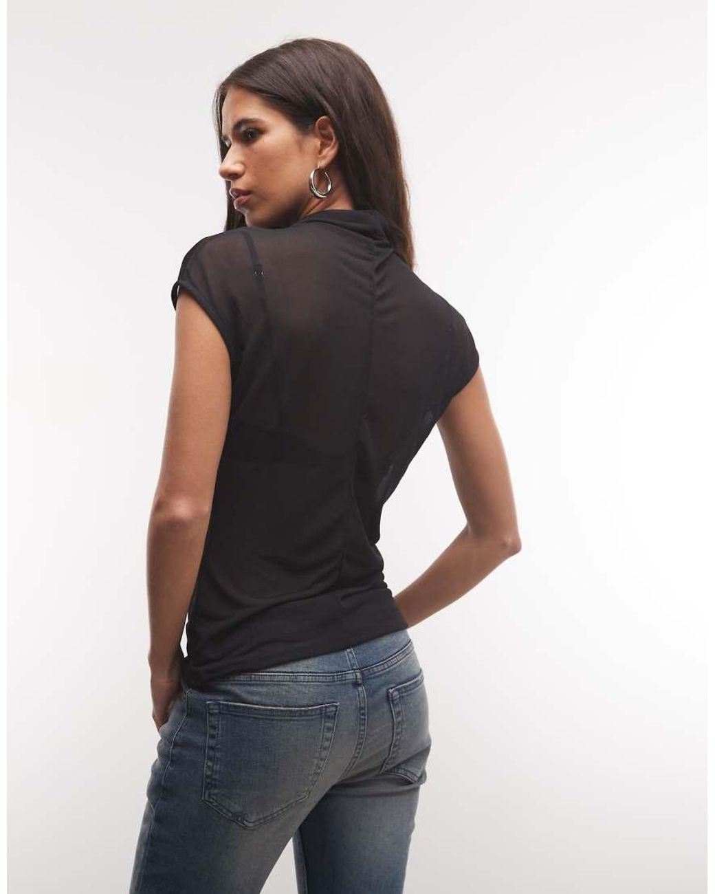 ASOS Blue Sheer High Neck Short Sleeve Top With Seam Detail
