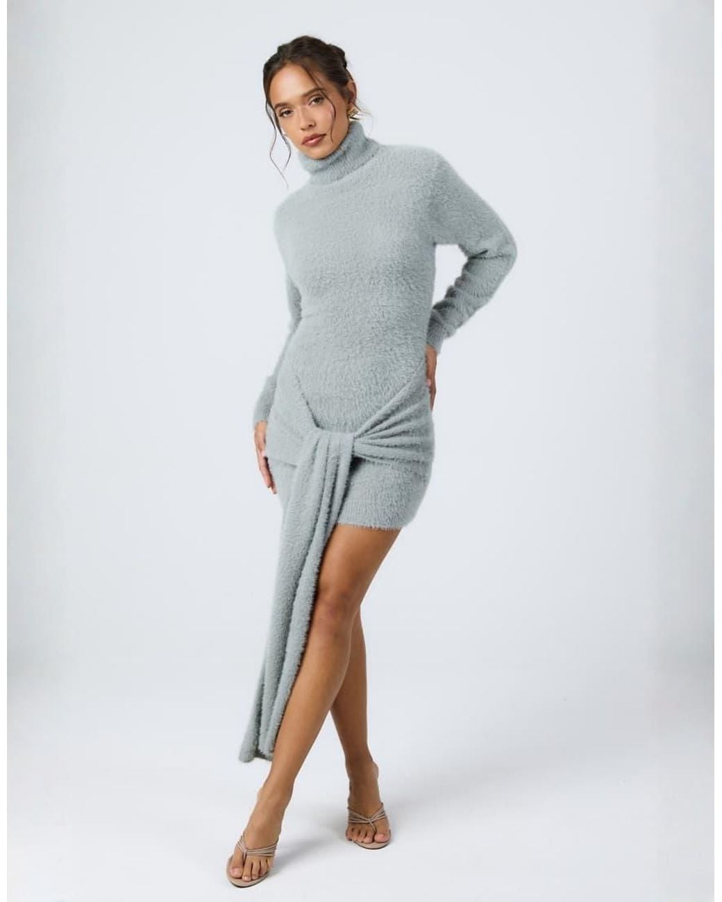 Aria Cove Gray Fluffy Knit Turtle Neck Knot Front Drape Detail Mini Dress