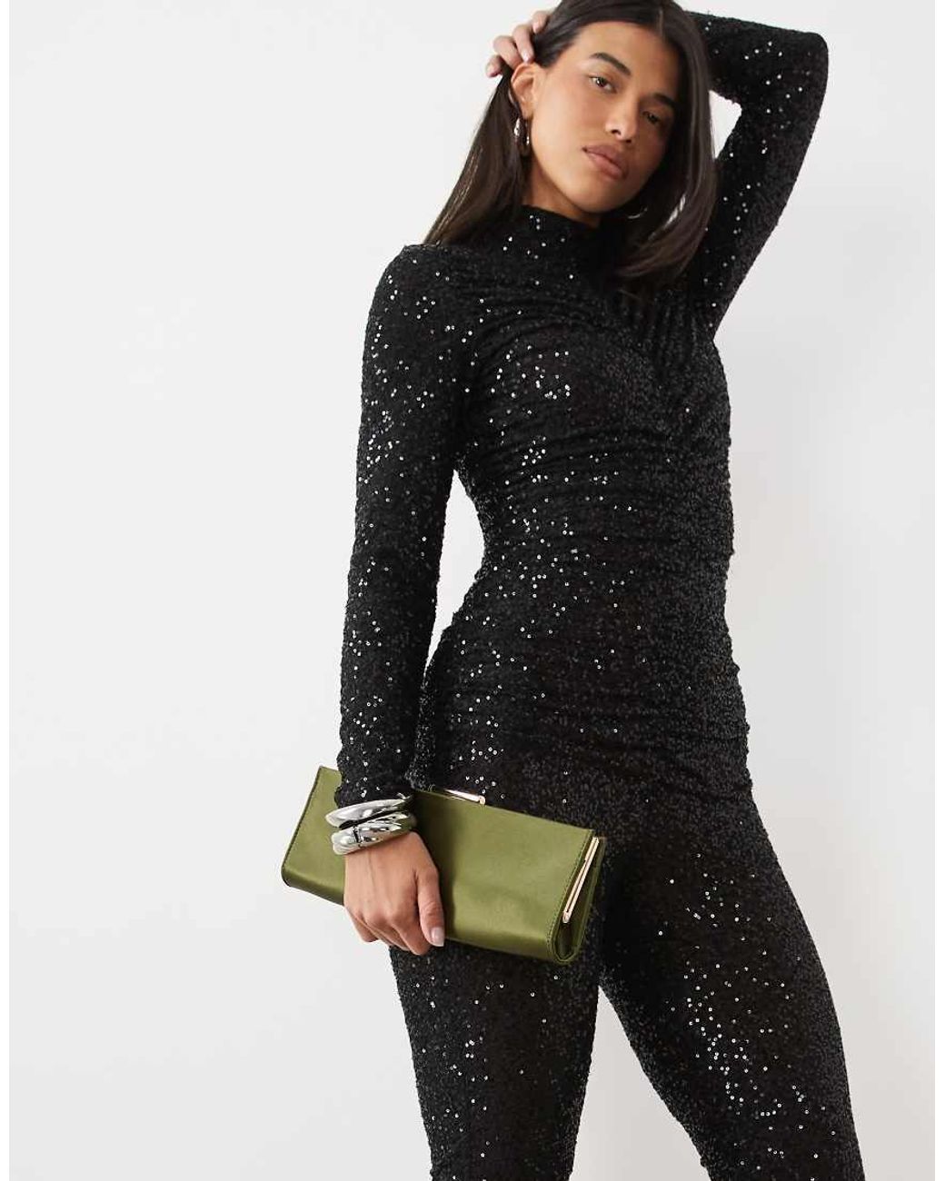 Ruched & Ready Black Sequin High Neck Ruched Detail Jumpsuit