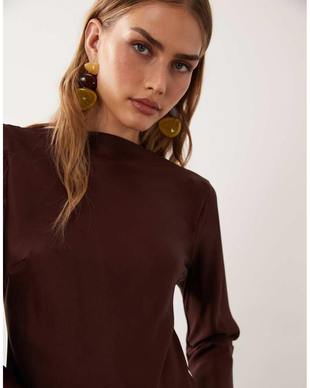 ASOS Brown Satin Long Sleeve Maxi Dress