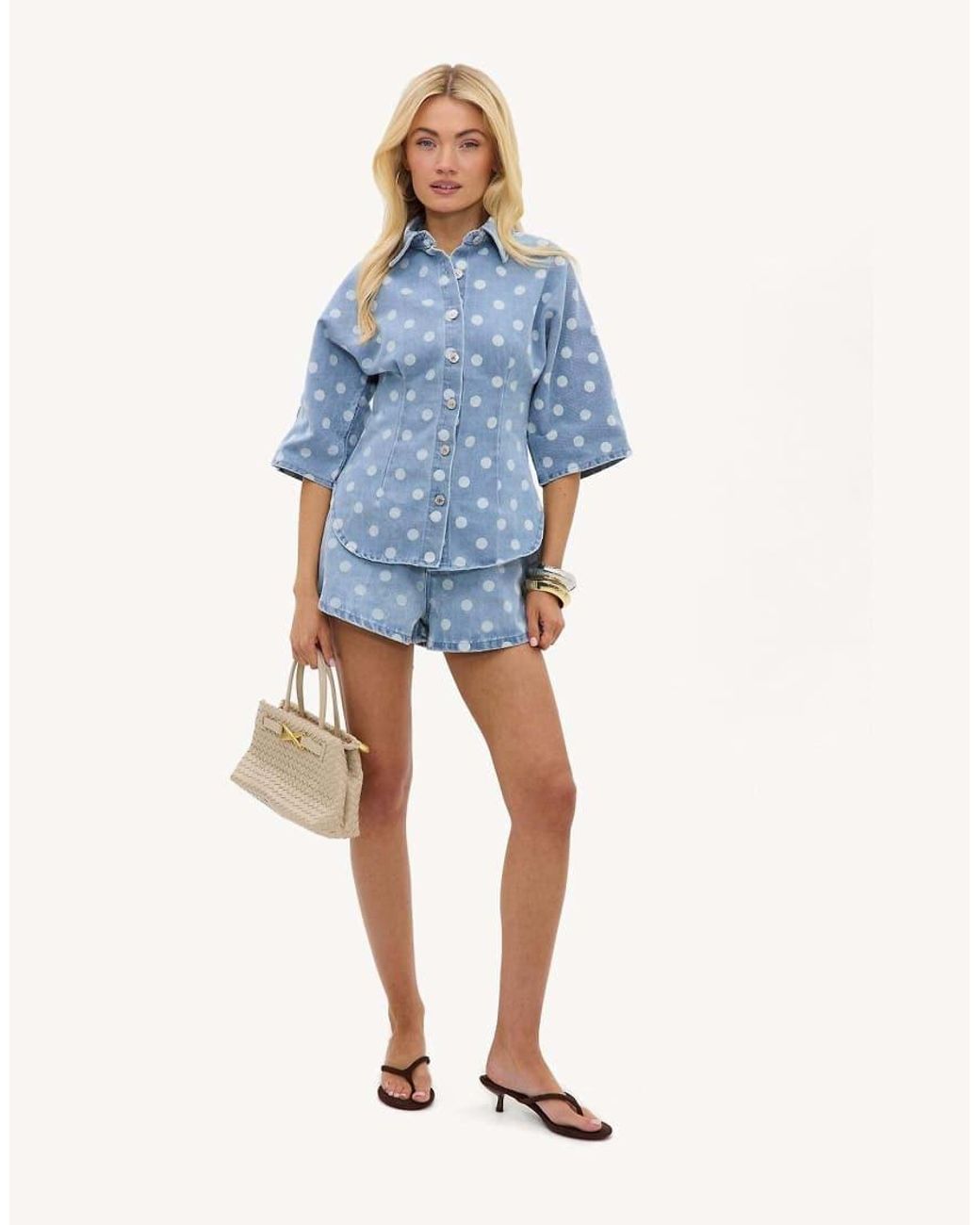 Loavies Blue The Stillness Of Us Light Denim Blouse With Polka Dots