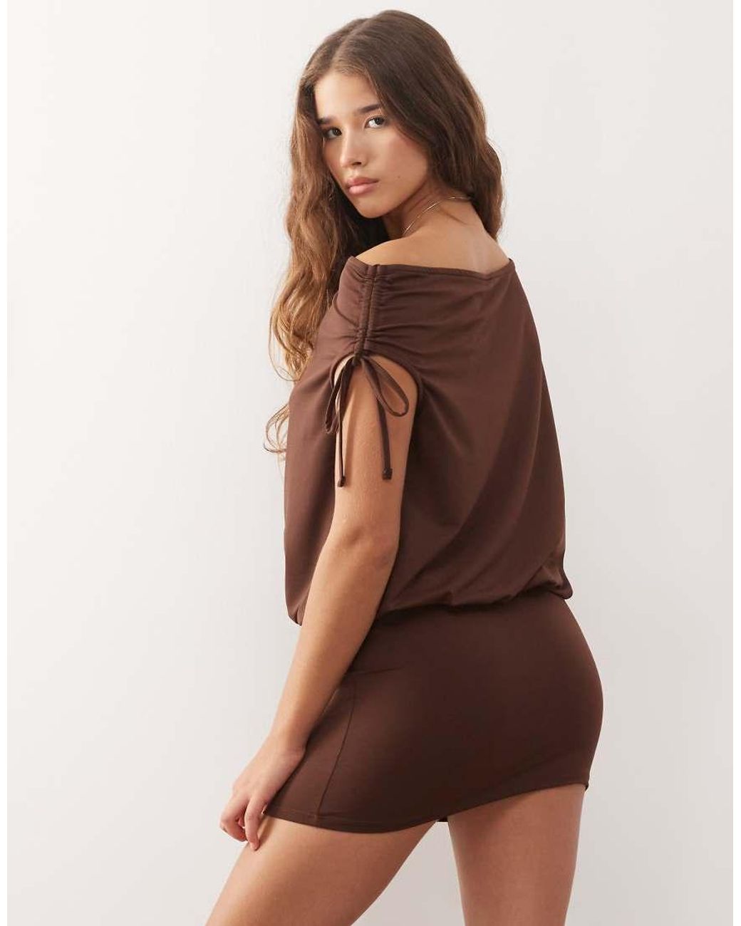 Collusion Brown Ruched Asymmetric Mini Dress
