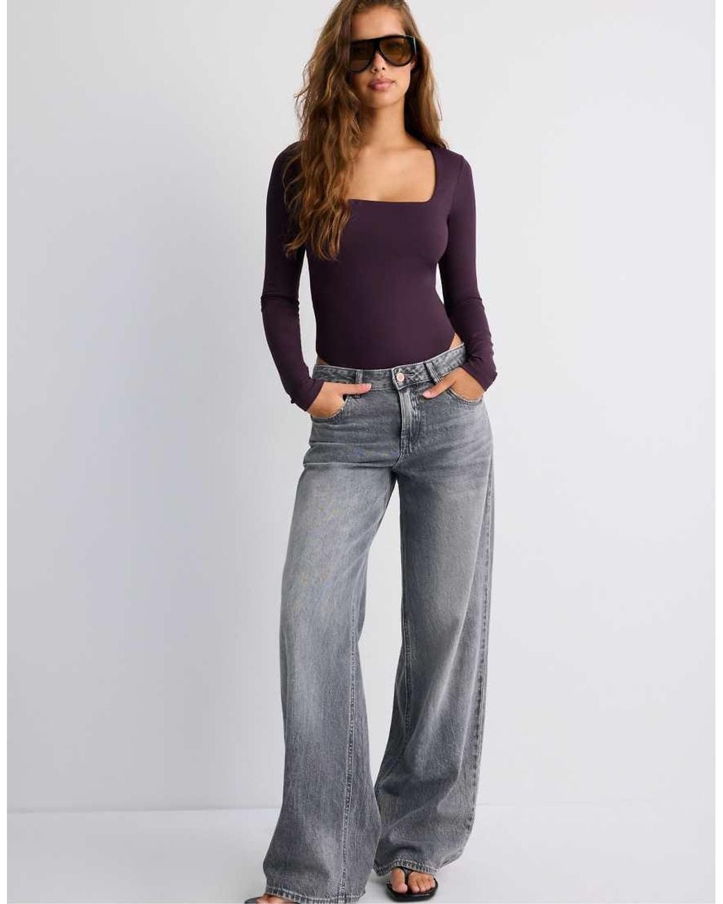 Stradivarius Purple Polyamide Bodysuit With Square Neckline