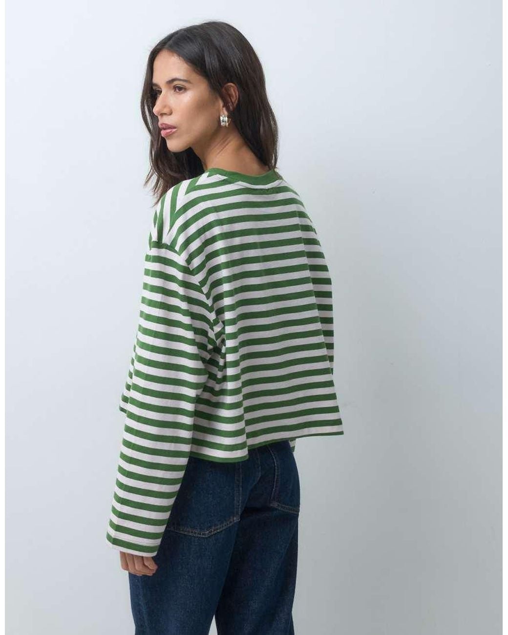 ASOS Green Long Sleeve Boxy Cropped T-shirt Pink & Khaki Stripe