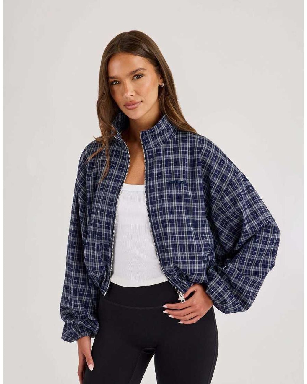 CERNUCCI Blue Check Funnel Neck Zip Jacket