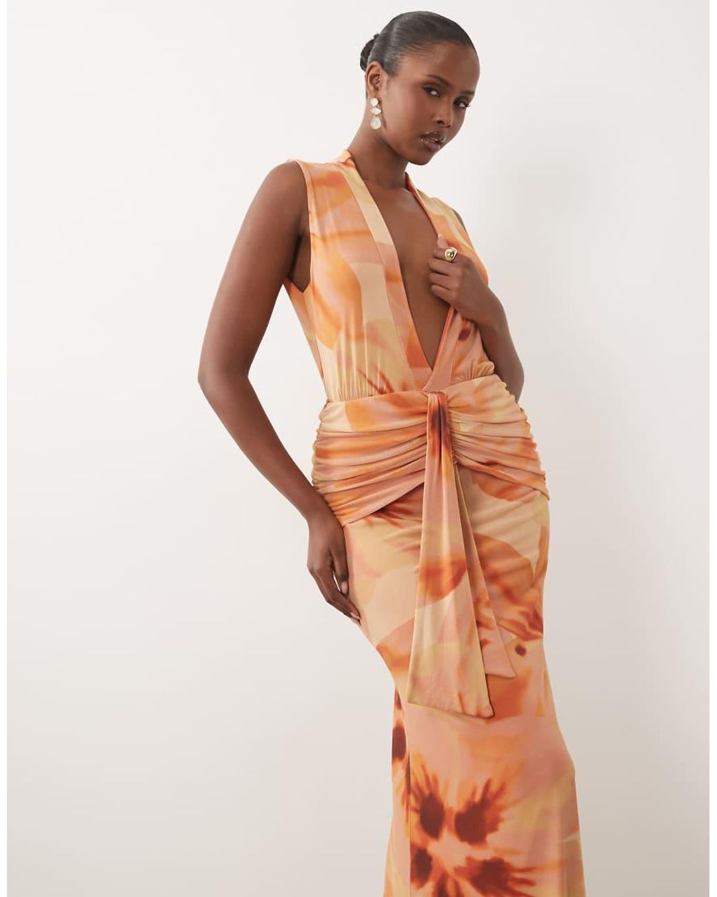 ASOS White Printed Mesh Deep Plunge Maxi Dress