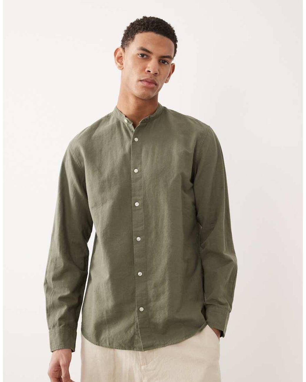 Jack & Jones Green Linen Blend Shirt With Grandad Collar for men