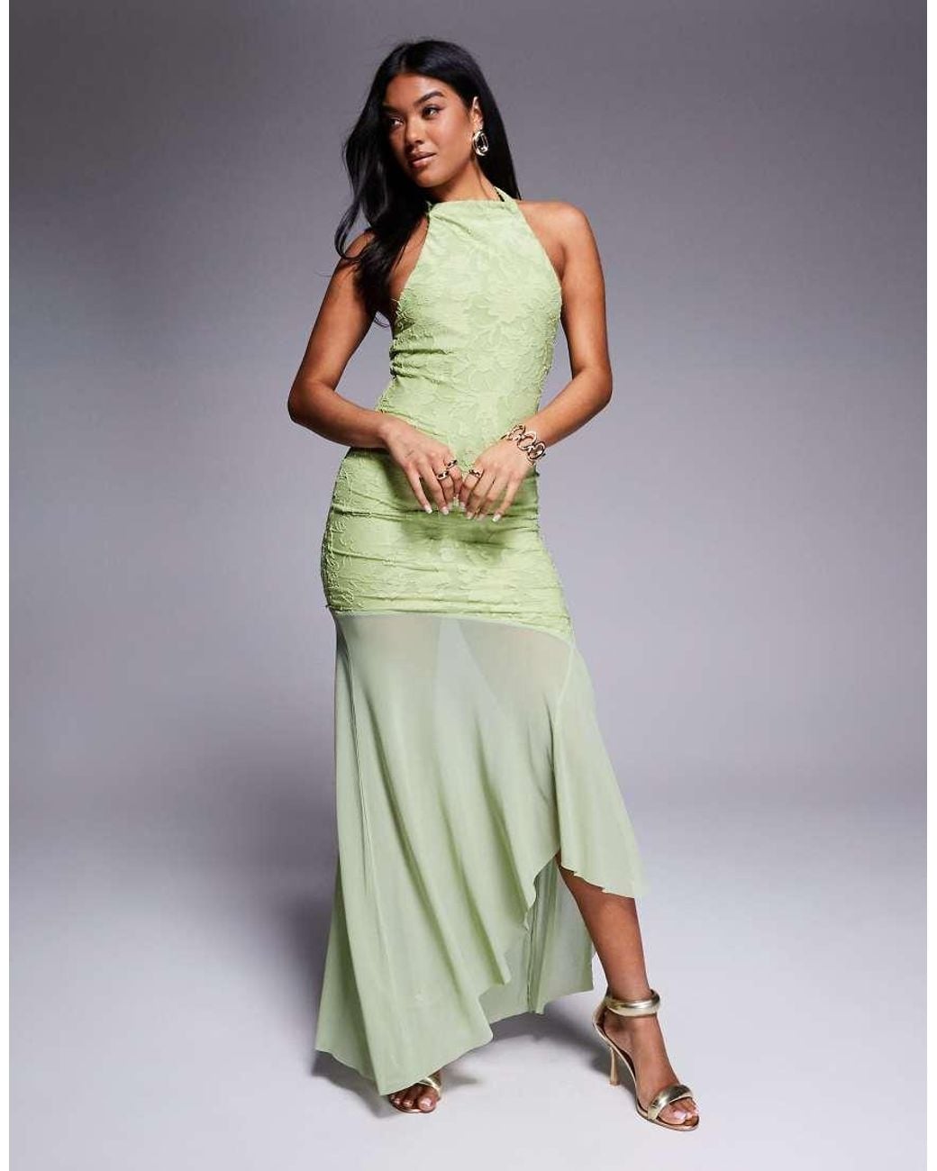ASOS Green Highneck Maxi Dress With Sheer Skirt
