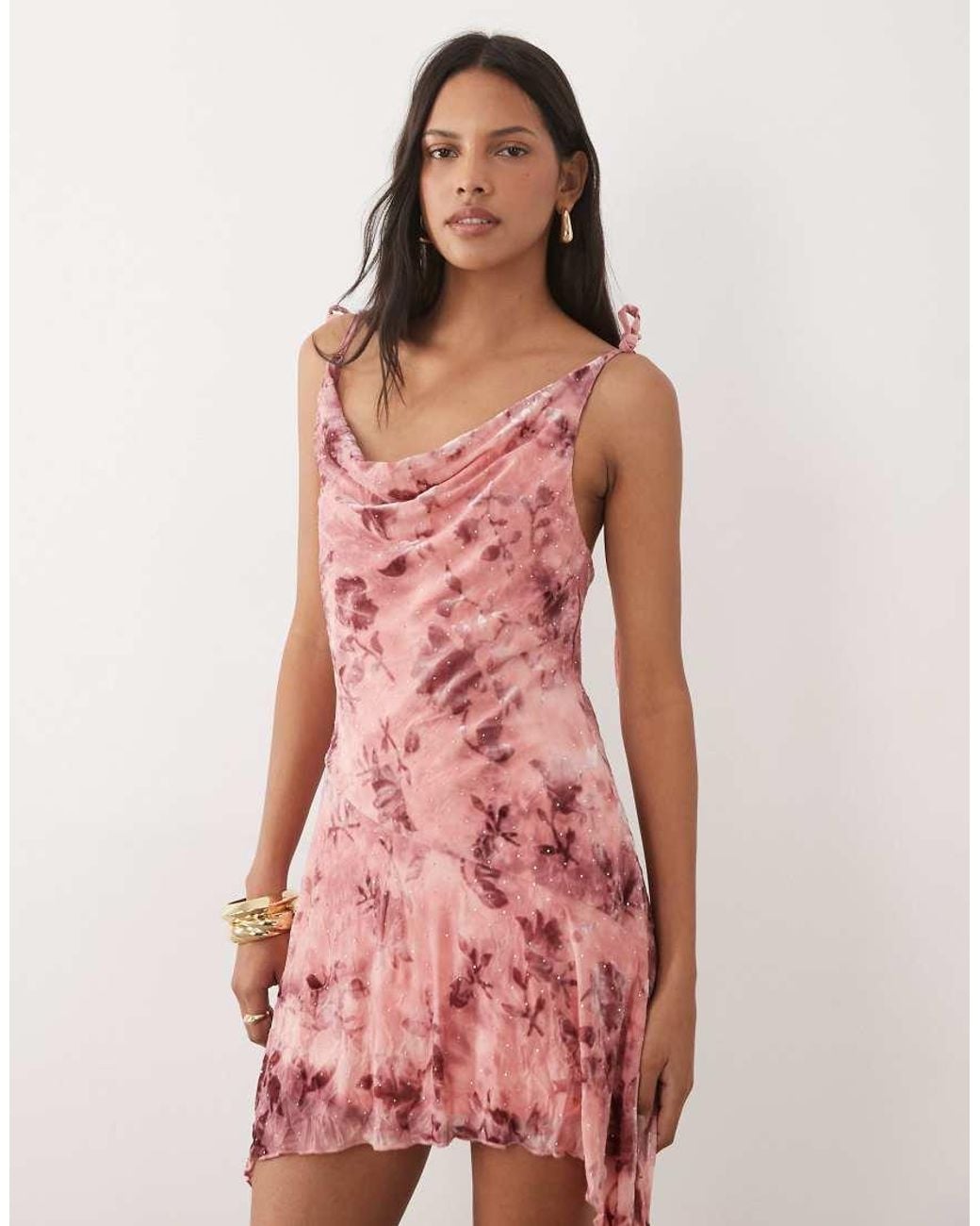 Miss Selfridge Pink Burn Out Hot Fix Cami Festival Cowl Mini Dress With Hanky Hem