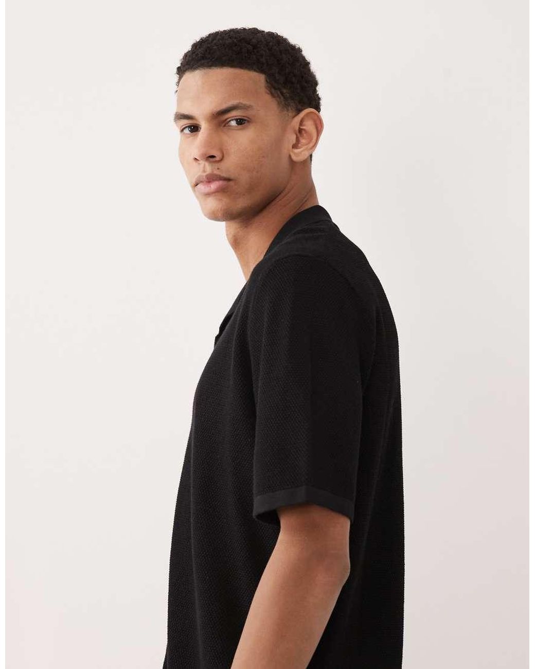 Jack & Jones Black Knitted Button Through Revere Collar Shirt for men