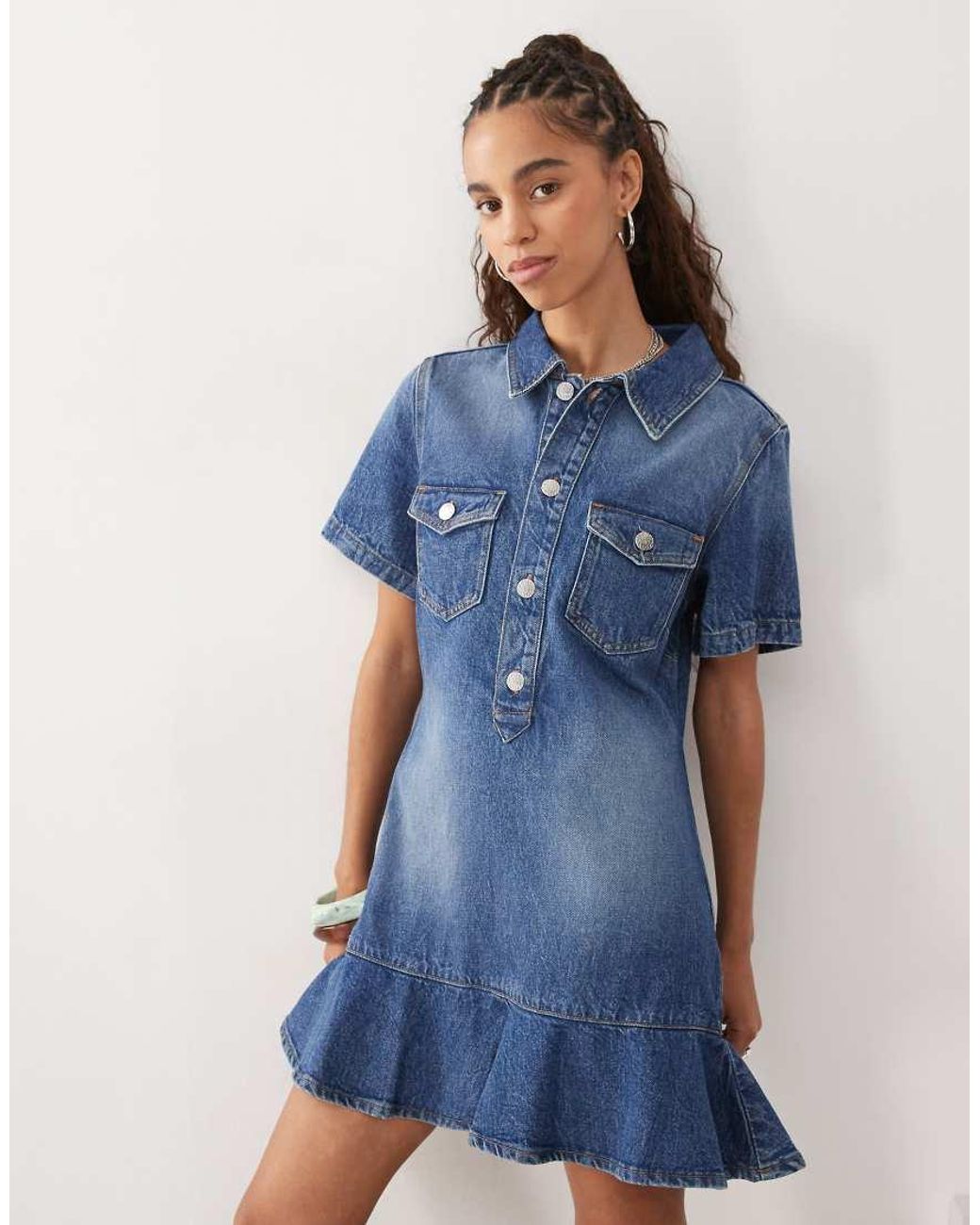 Monki Denim Tunic Dress With Flippy Hem in Blue | Lyst UK