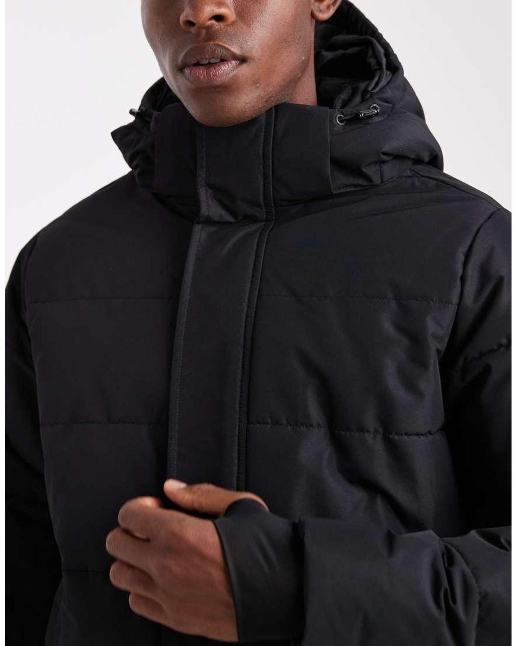 Only & Sons Black Waterproof Longline Puffer Jacket With Hood for men