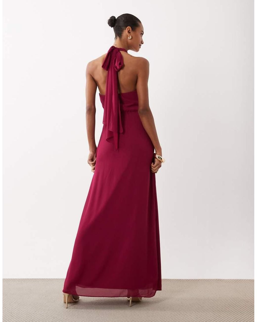 TFNC London Red Bridesmaid Chiffon Halter Neck Drape Maxi Dress