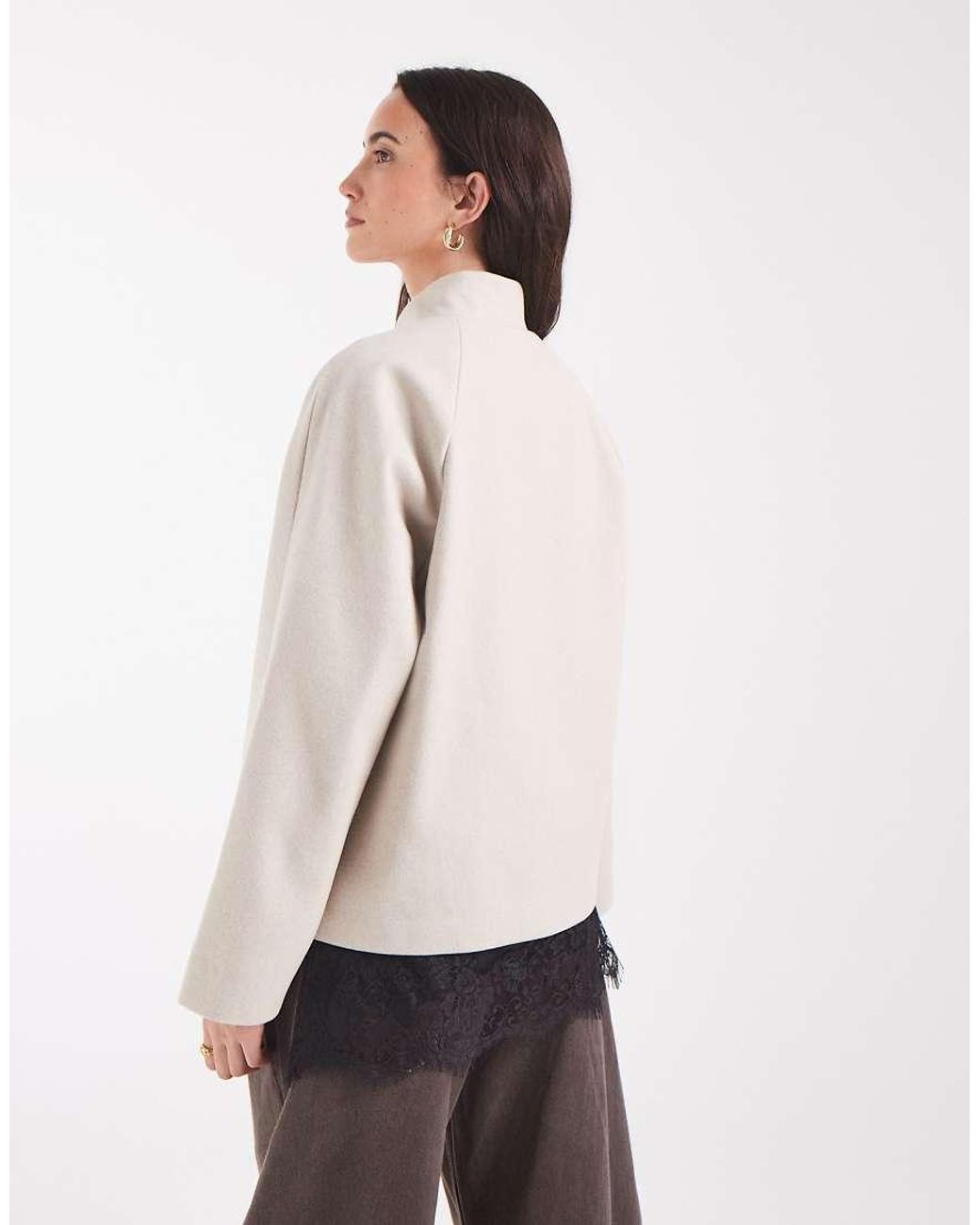 Pieces Natural Mandarin Fastened Funnel Neck Wool-look Coat