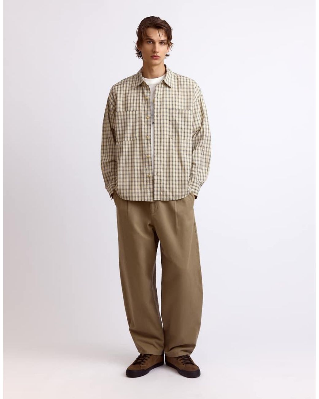 Pull&Bear Natural Long Sleeve Check Shirt for men