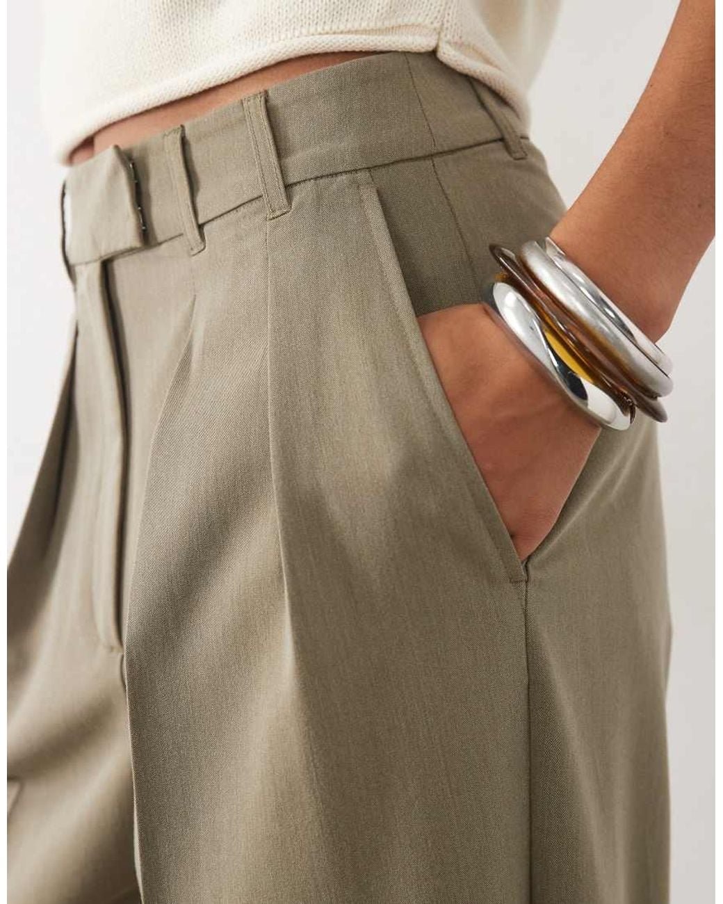 ASOS Natural Tall Tailored Wide Leg Trousers With Pleat Detail