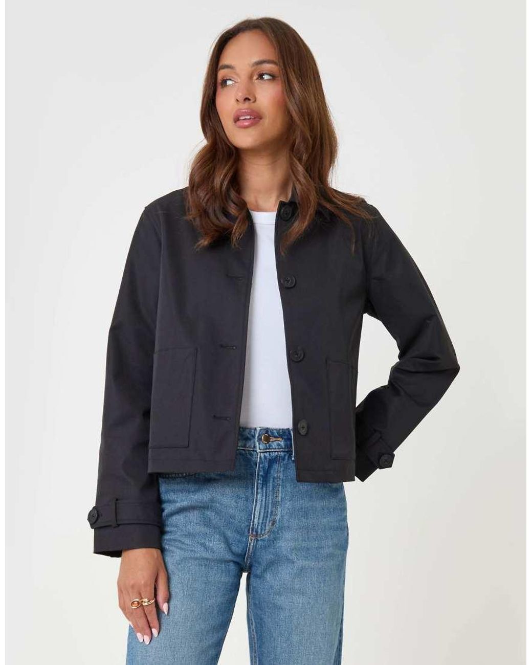 Threadbare Blue Scarf Detail Cropped Trench Coat