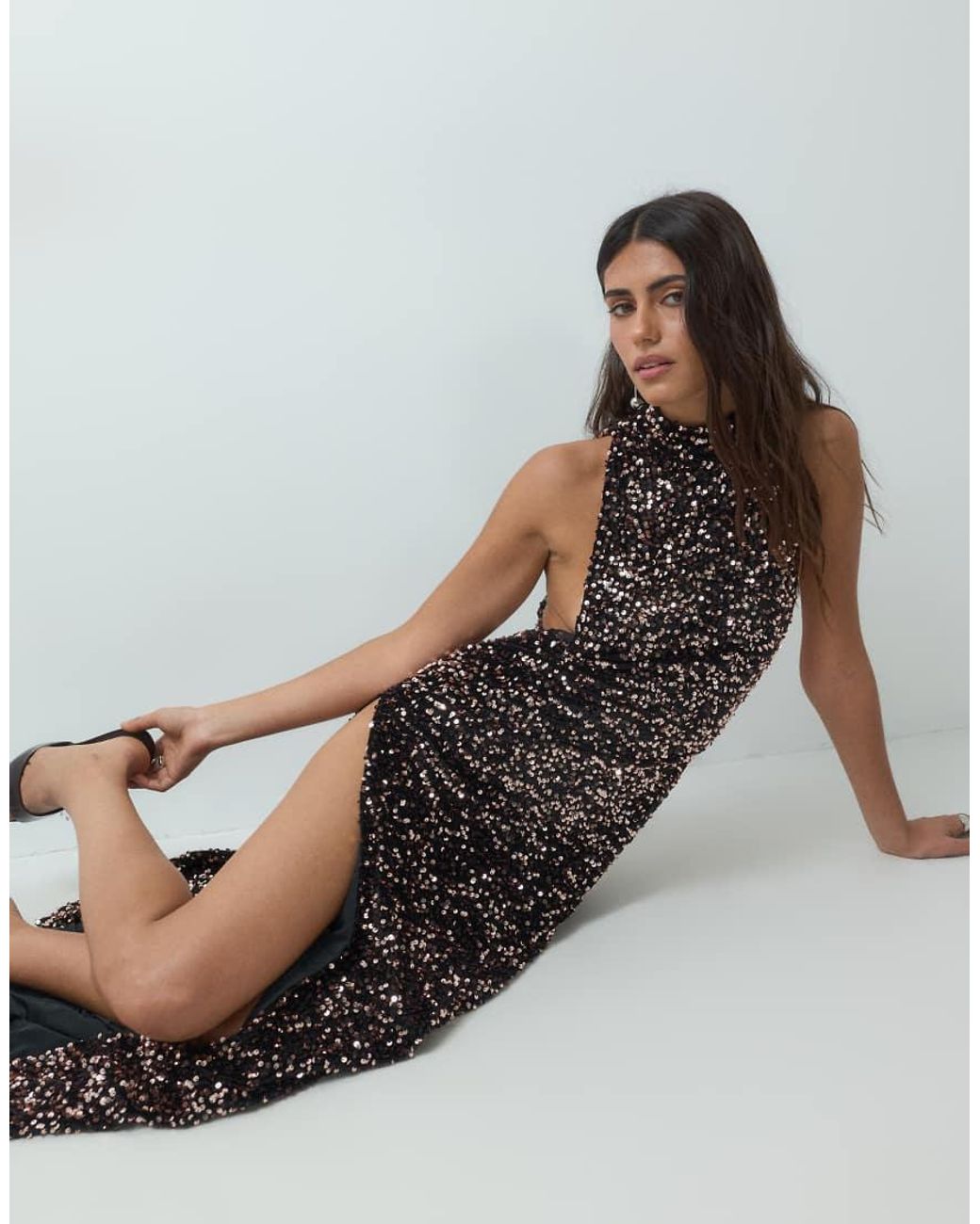 ASOS Gray Velvet Sequin Halter Dropped Armhole Sequin Maxi Dress