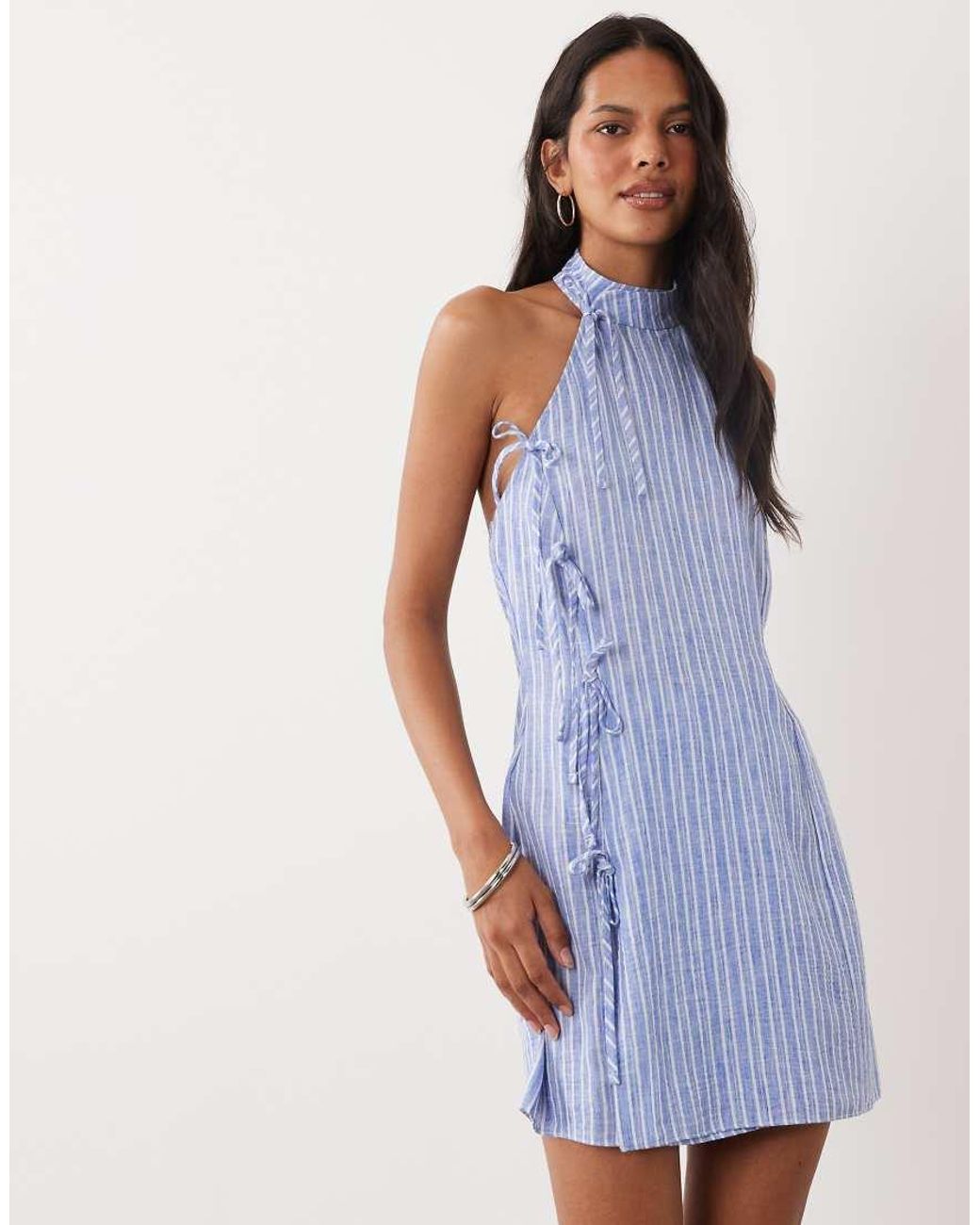ASOS Blue Linen Halter Tie Detail Mini Dress