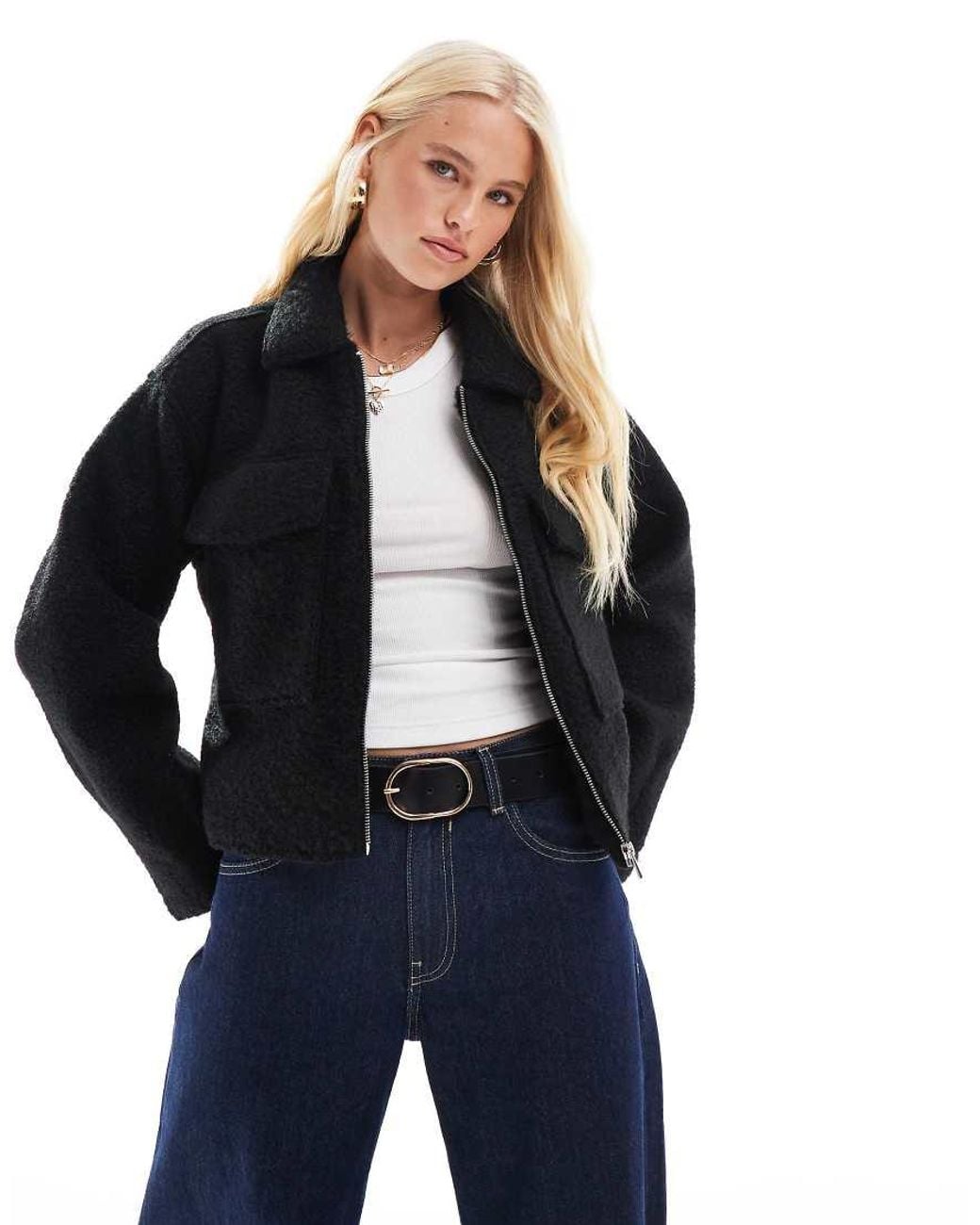 ONLY Blue Boxy Zip Through Boucle Jacket