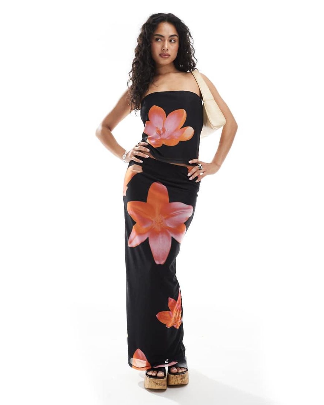JJXX Black Mesh Strapless Top Co Ord With Flower Print