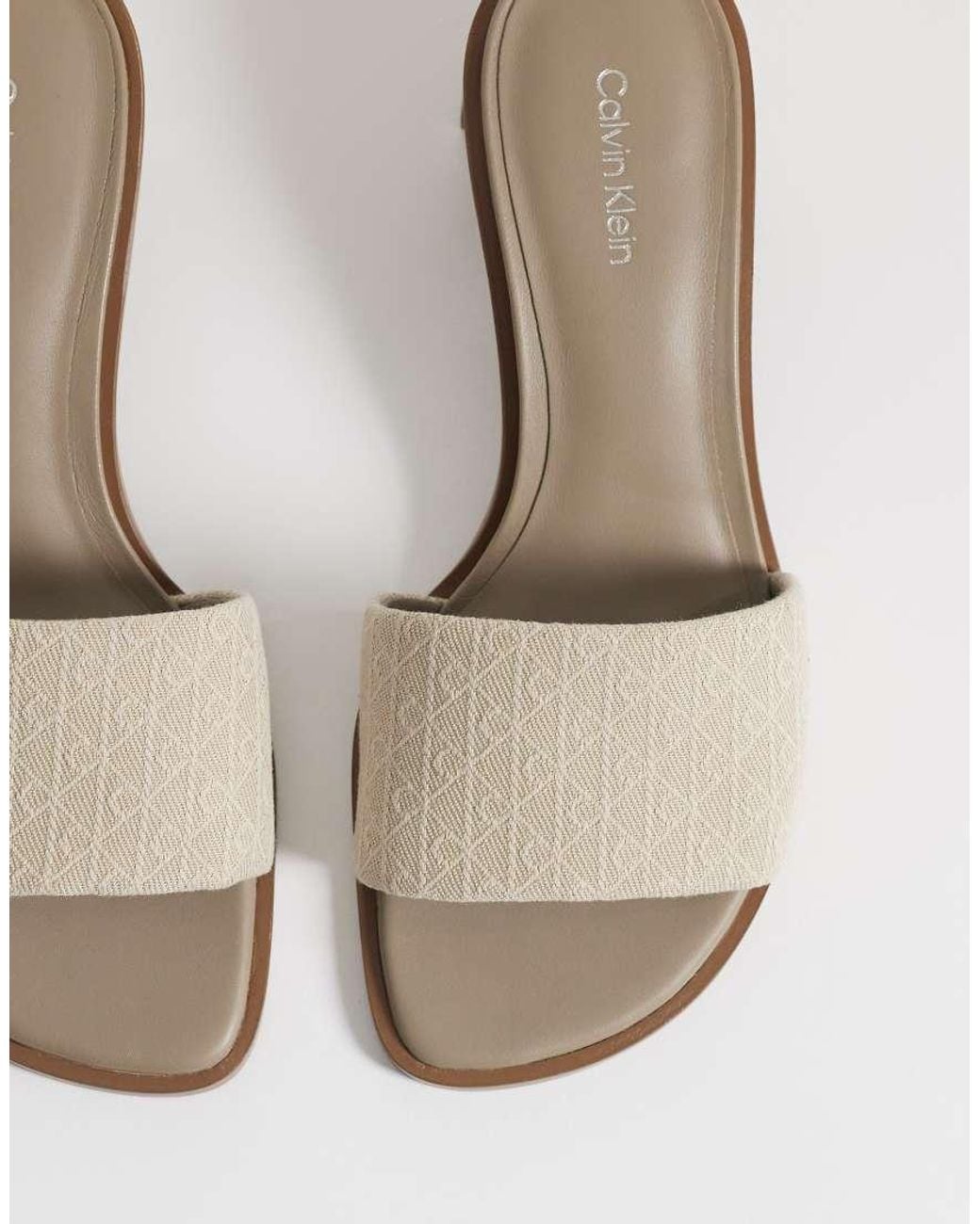 Calvin Klein White Jeans Wooden Block Heel Mule With All Over Emblem Print